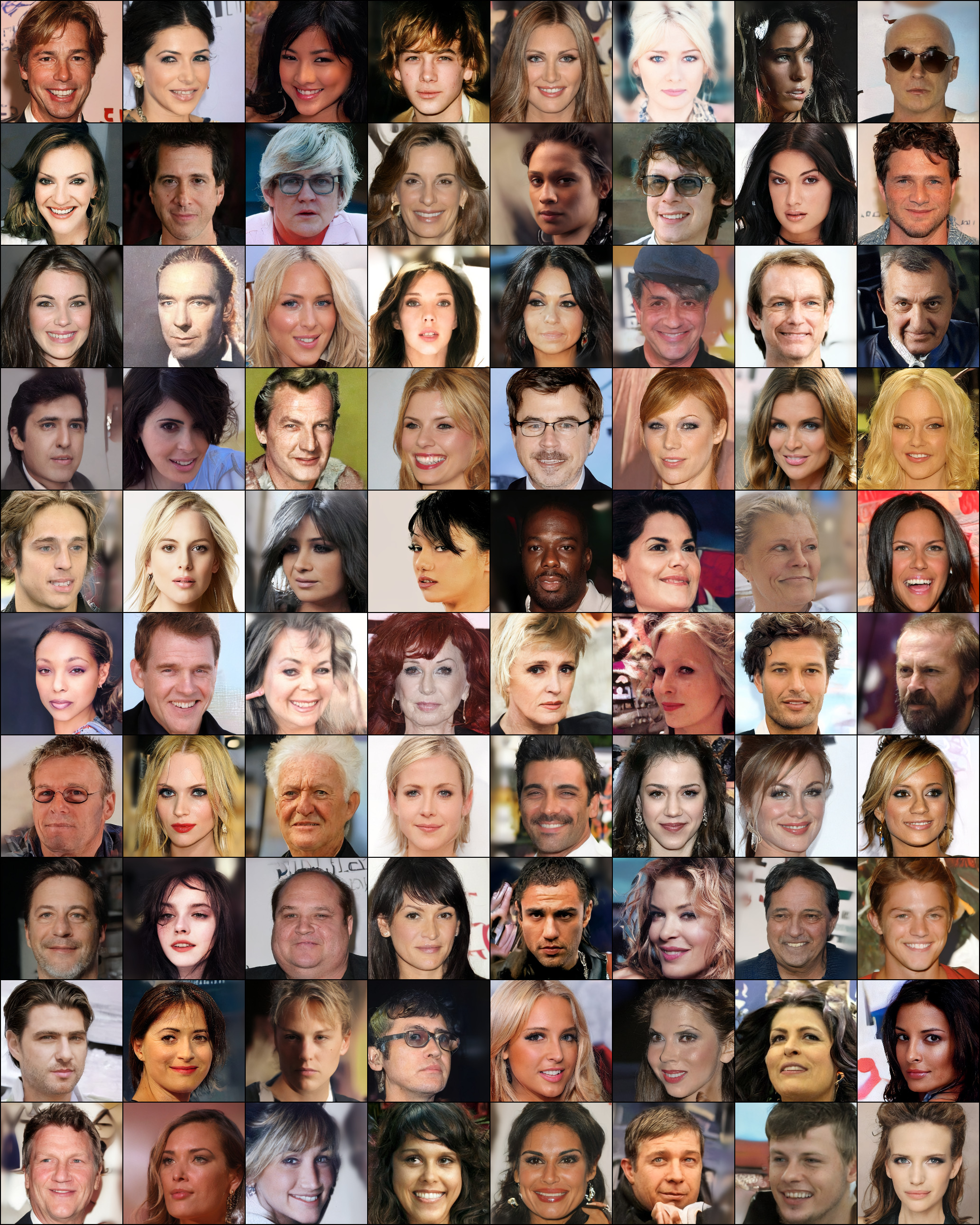 A grid of 80 generated human face images on the CelebA-HQ dataset