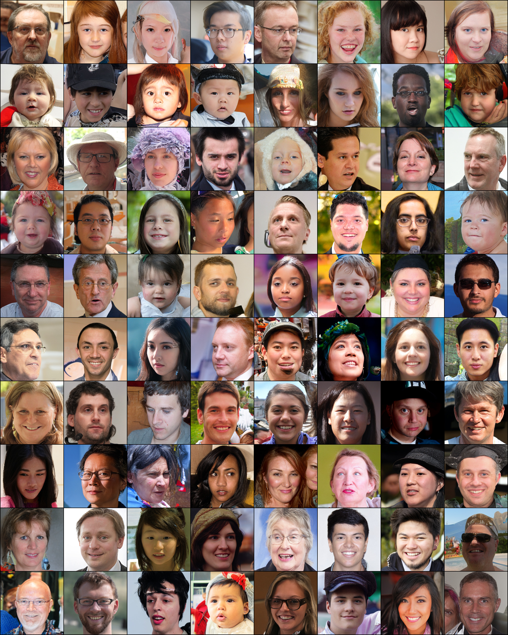 A grid of 64 generated human face images on the FFHQ dataset