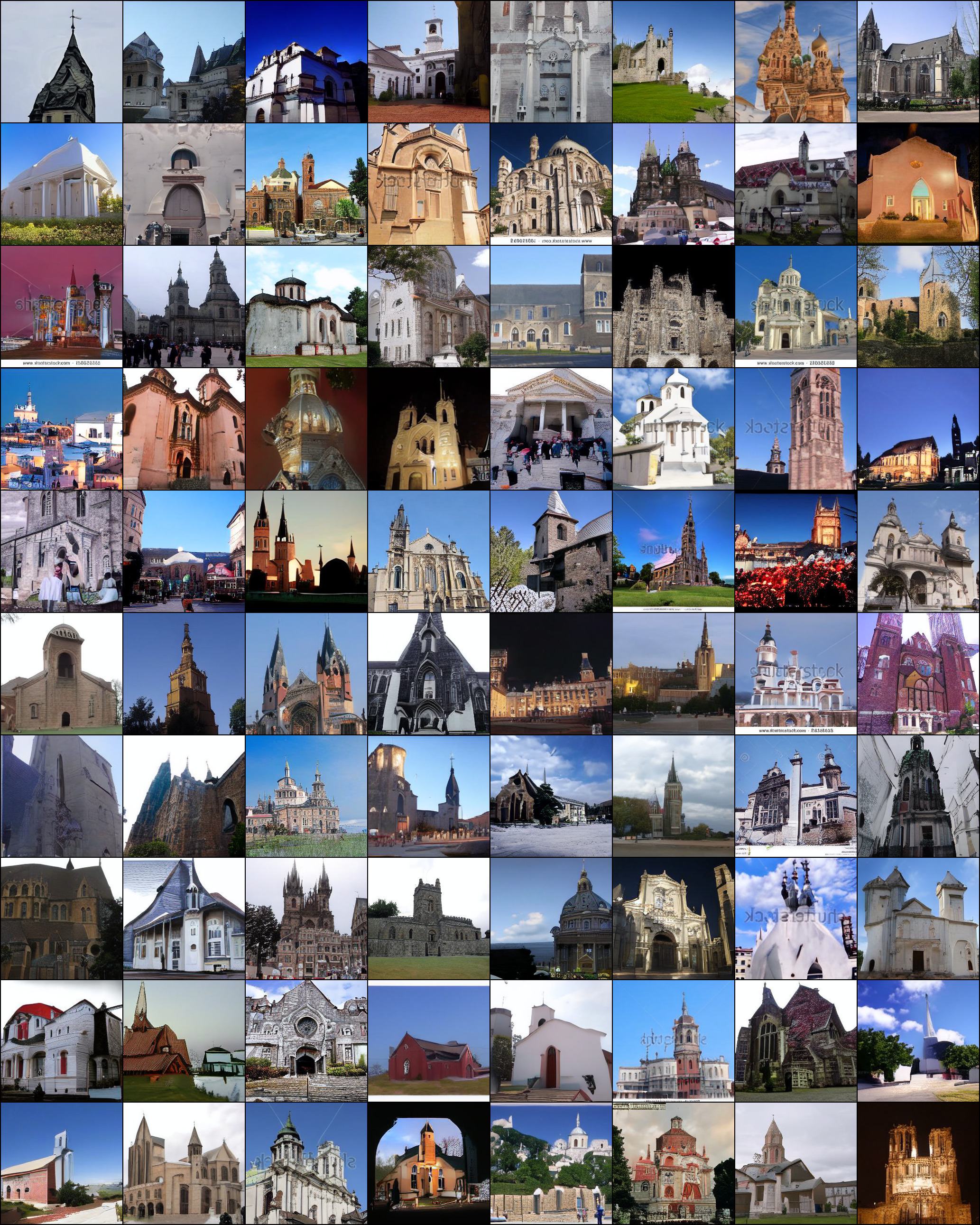 A grid of 88 images showing various church buildings generated by the LDM-8 model.