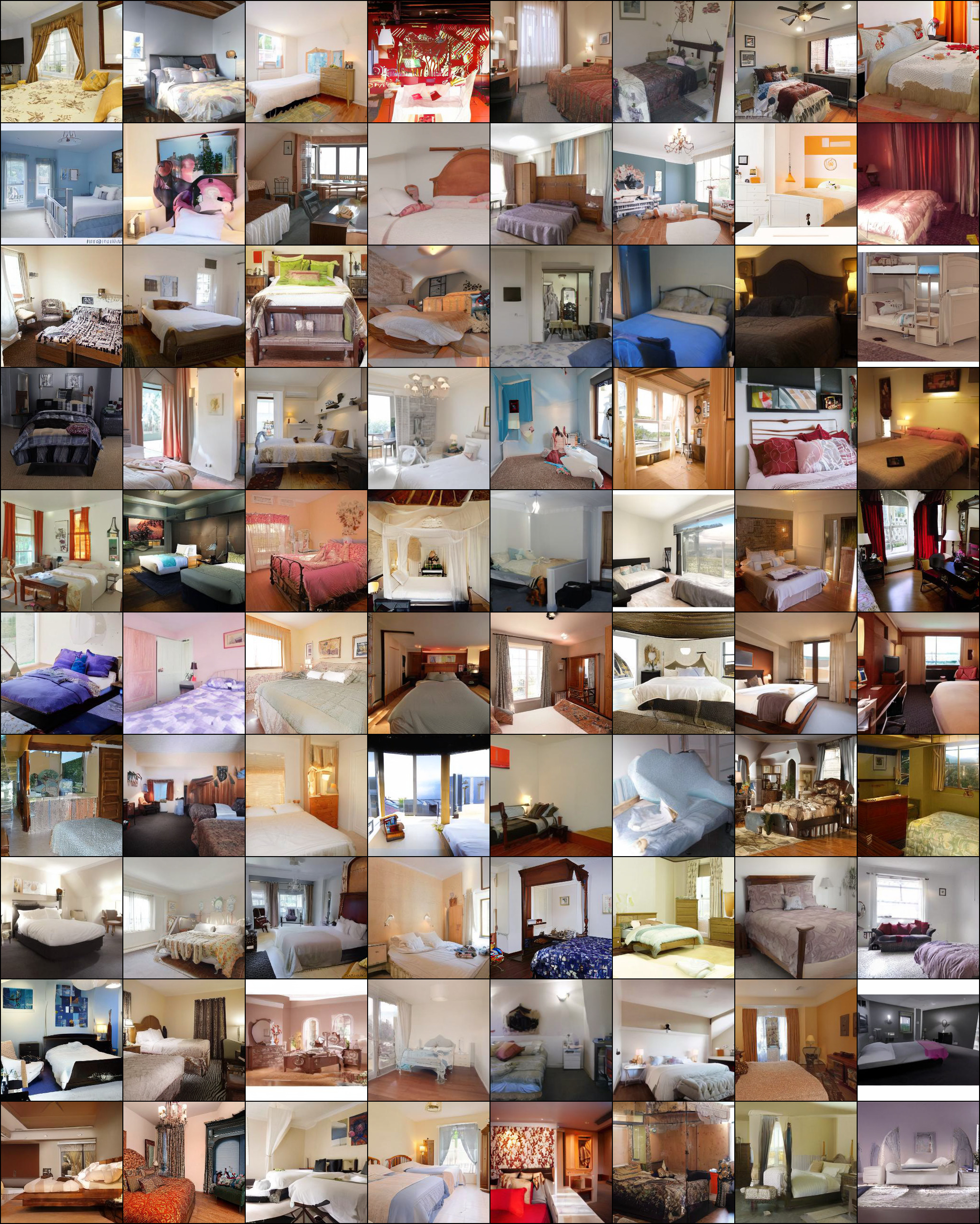 A grid of 80 generated images of bedrooms.