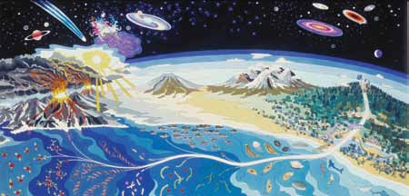 A colorful, stylized illustration depicting the stages of cosmic evolution, from the birth of stars and galaxies to the emergence of life on Earth and human contemplation of the universe.