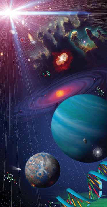 Artistic representation of cosmic evolution, showing the progression from stars and galaxies to planets and DNA