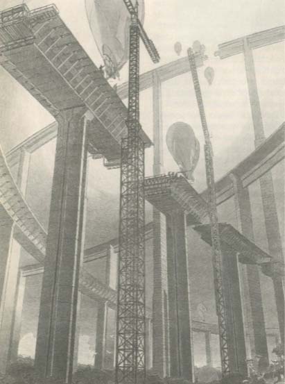 A black and white illustration depicting a large, industrial-looking construction site or bridge structure with balloons or airships floating in the sky above.