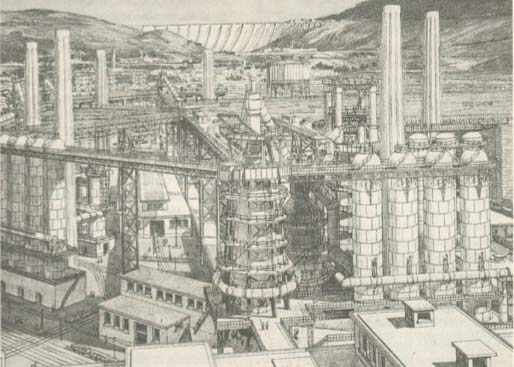 A black and white illustration of an industrial complex with smokestacks and pipes
