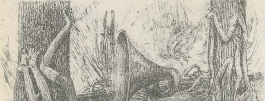 An etching depicting a figure with a gramophone horn for a head, surrounded by other figures in a surreal, chaotic scene.
