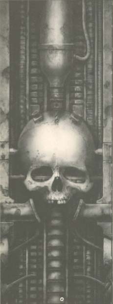 A stylized, monochromatic illustration of a human skull integrated into a mechanical or industrial structure, resembling a spinal column or machine components.
