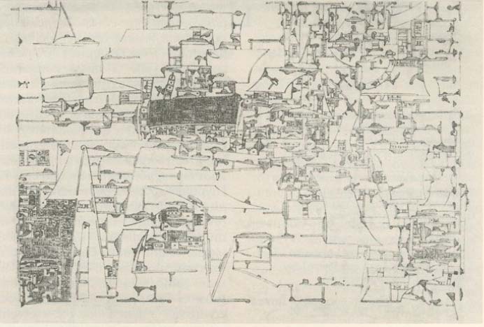 A complex, intricate line drawing depicting a dense, mechanical, or architectural landscape with various interconnected structures and components.