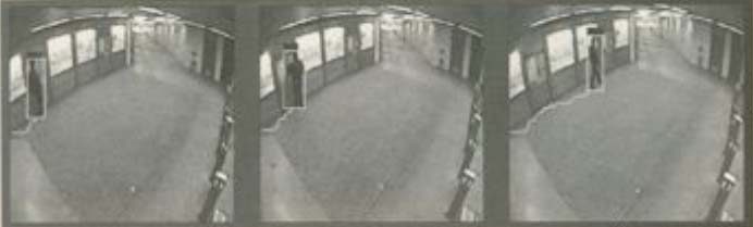 Three-panel sequence of a security camera feed showing a person walking through a corridor