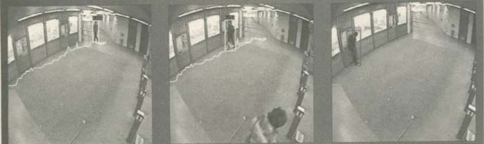 Three-panel security camera footage showing a person in a hallway