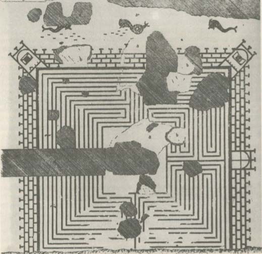 A labyrinthine structure with walls and towers, partially obscured by dark, amorphous shapes