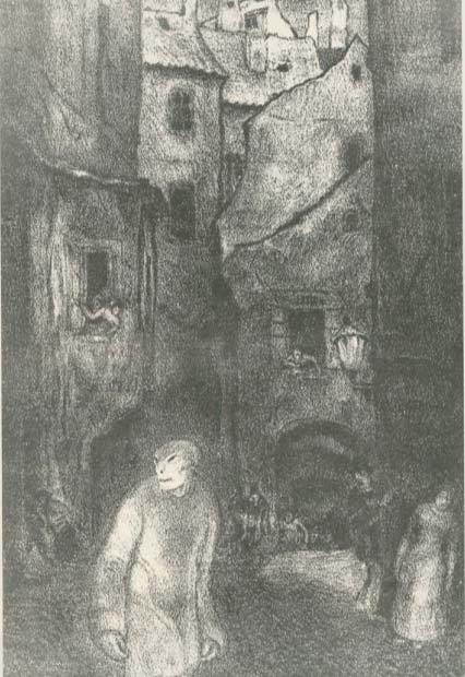 A dark, atmospheric etching of a narrow, crowded street scene with figures in the foreground and tall, dilapidated buildings.