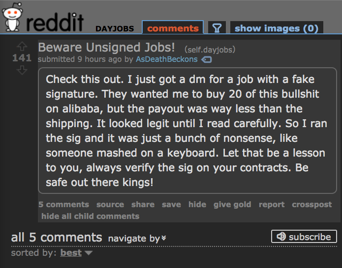 A Reddit post from the subreddit r/dayjobs warning about unsigned job scams