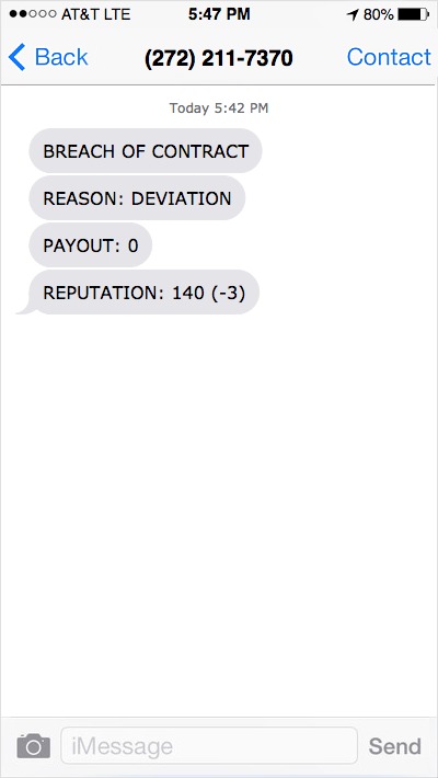 A screenshot of a mobile phone text message interface showing a breach of contract notification