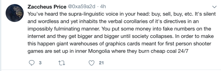 A tweet by Zaccheus Price (@0xa59a2d) discussing the supra-linguistic voice in one's head and the physical infrastructure of the internet.