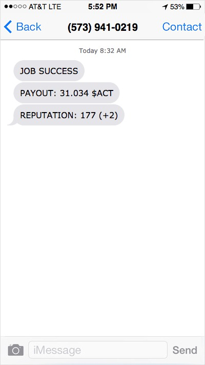 A screenshot of a mobile phone text message interface showing a job success notification