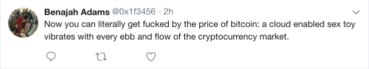 A tweet by Benajah Adams about a bitcoin-linked sex toy