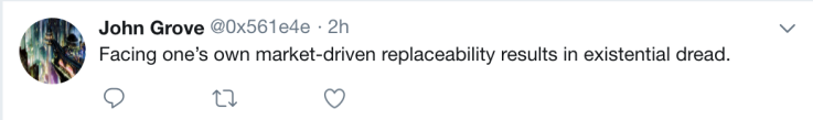 A tweet by John Grove about market-driven replaceability